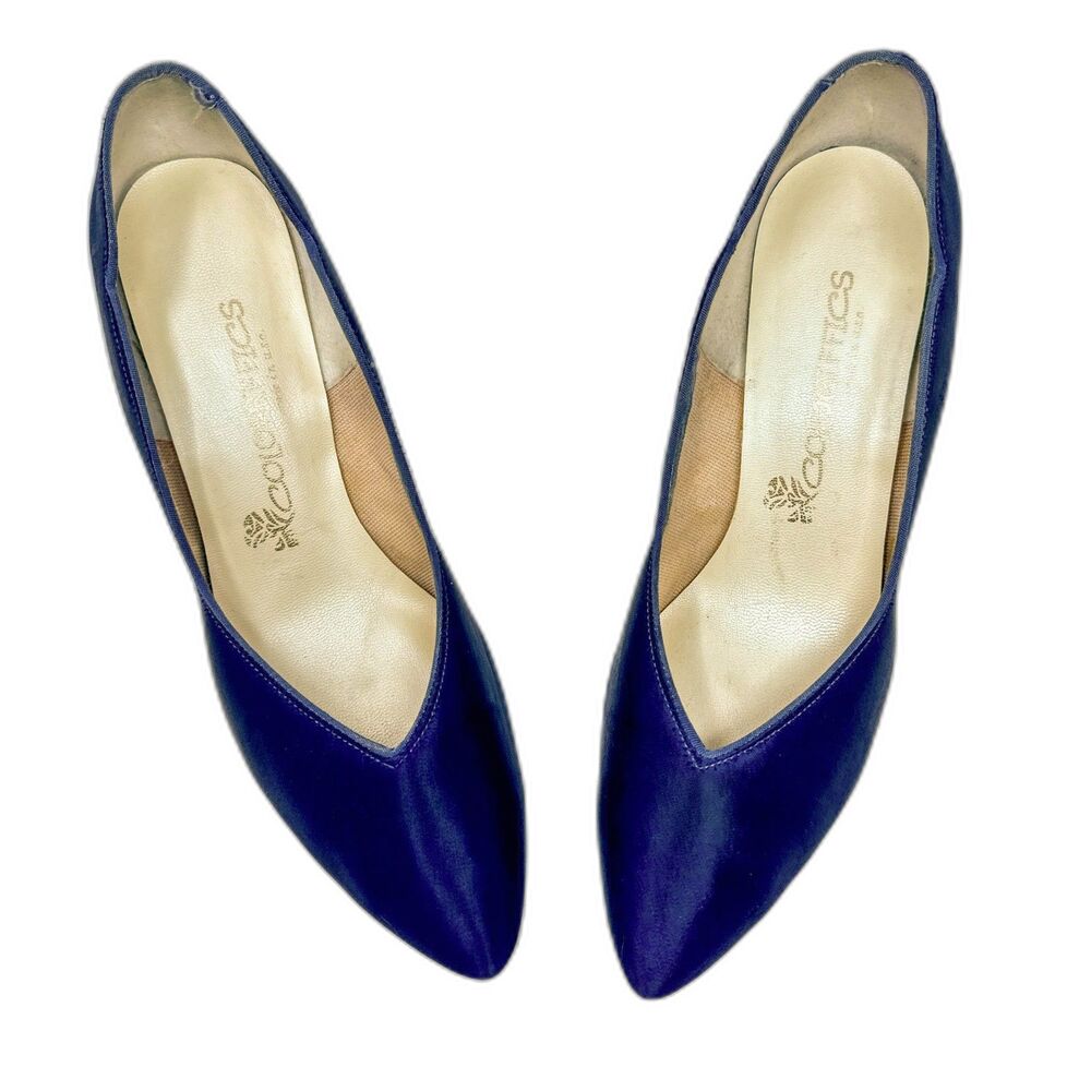 Vintage Coloriffics Heels Satin Navy Size 10 M Pointed Toe Pumps Shoes